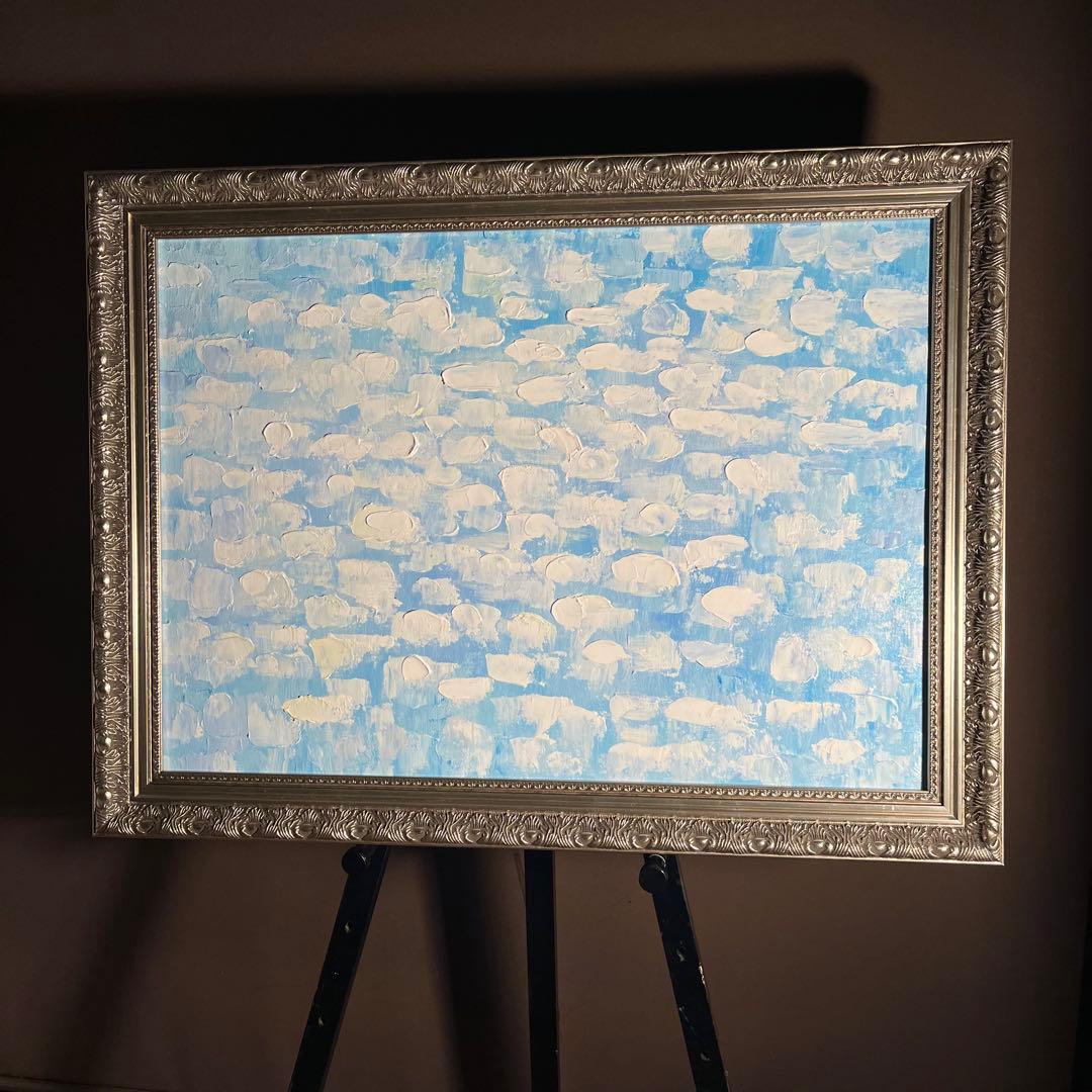 手書き油絵 スカイブルー 額付 肉筆絵画 インテリア 油彩画