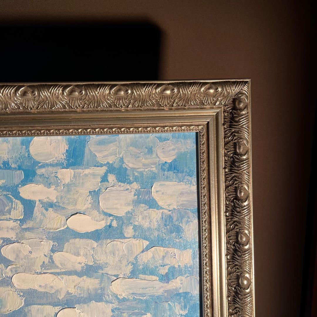 手書き油絵 スカイブルー 額付 肉筆絵画 インテリア 油彩画