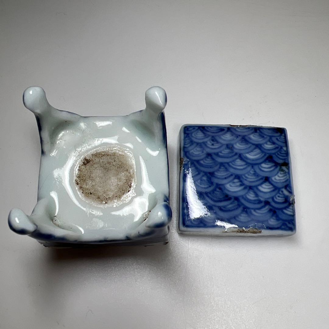 古代　古染付　四足香合　木箱付　高さ約5㎝　東Y8-0312☆2Fタルオル