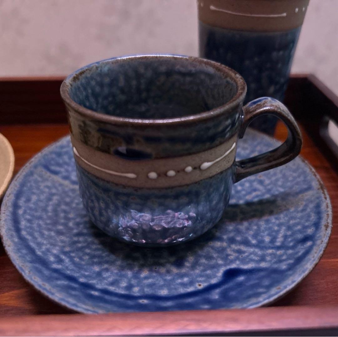 【新品木箱入り】織部茶器ペアコーヒーカップ＆ソーサー