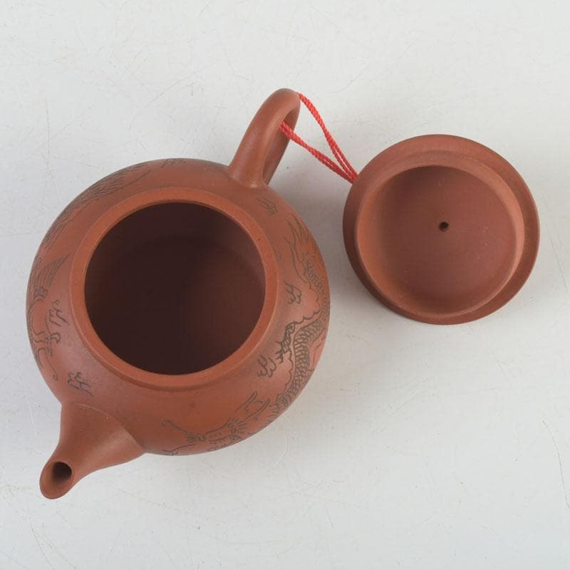 中国　紫砂　朱泥　雲龍鳳凰刻　急須　茶壷　在銘　N　9442