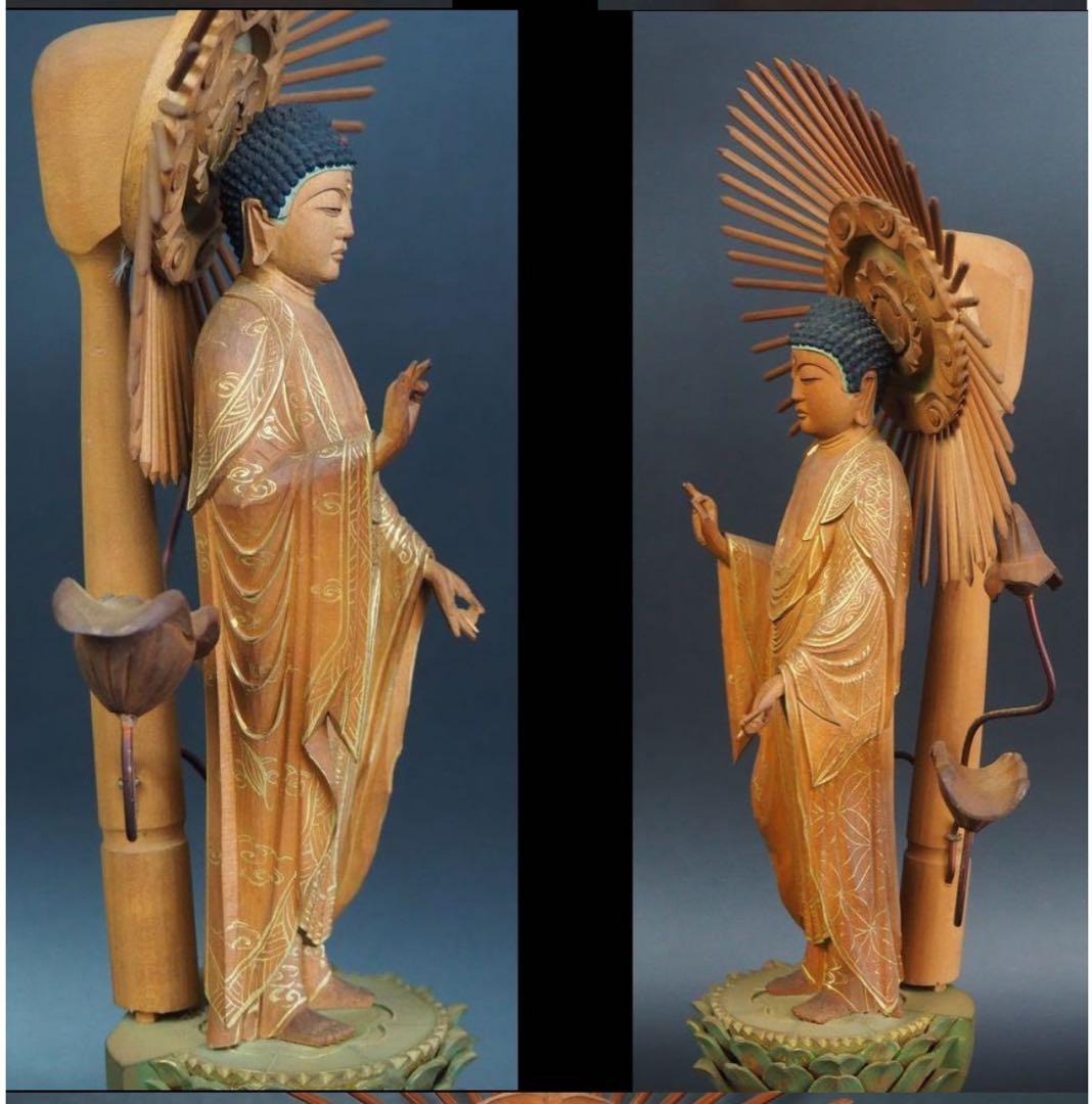 送料無料　時代物　柘植/黄楊　細密彫刻阿弥陀如来立像　高さ33.5ｃｍ