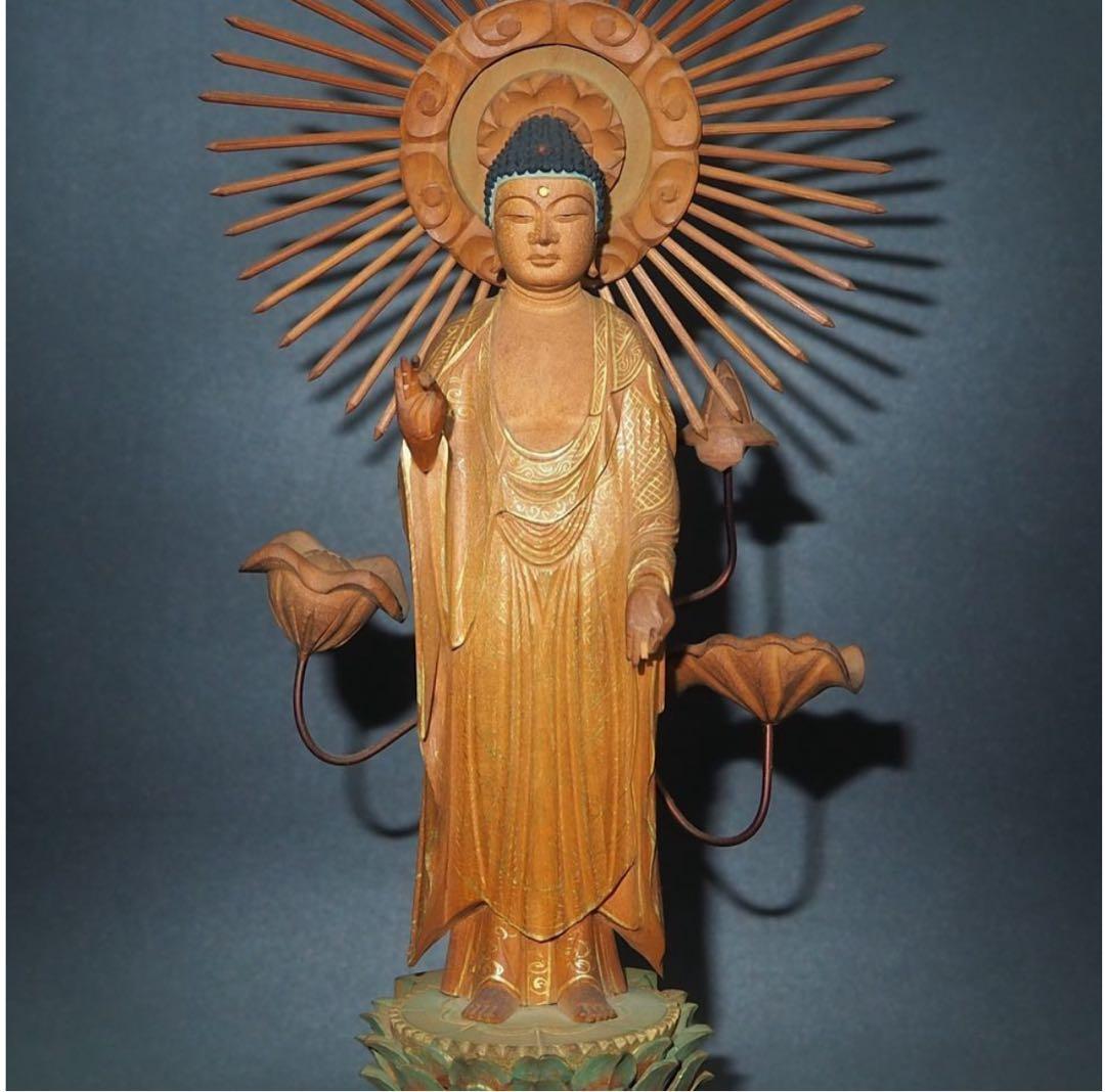 送料無料　時代物　柘植/黄楊　細密彫刻阿弥陀如来立像　高さ33.5ｃｍ