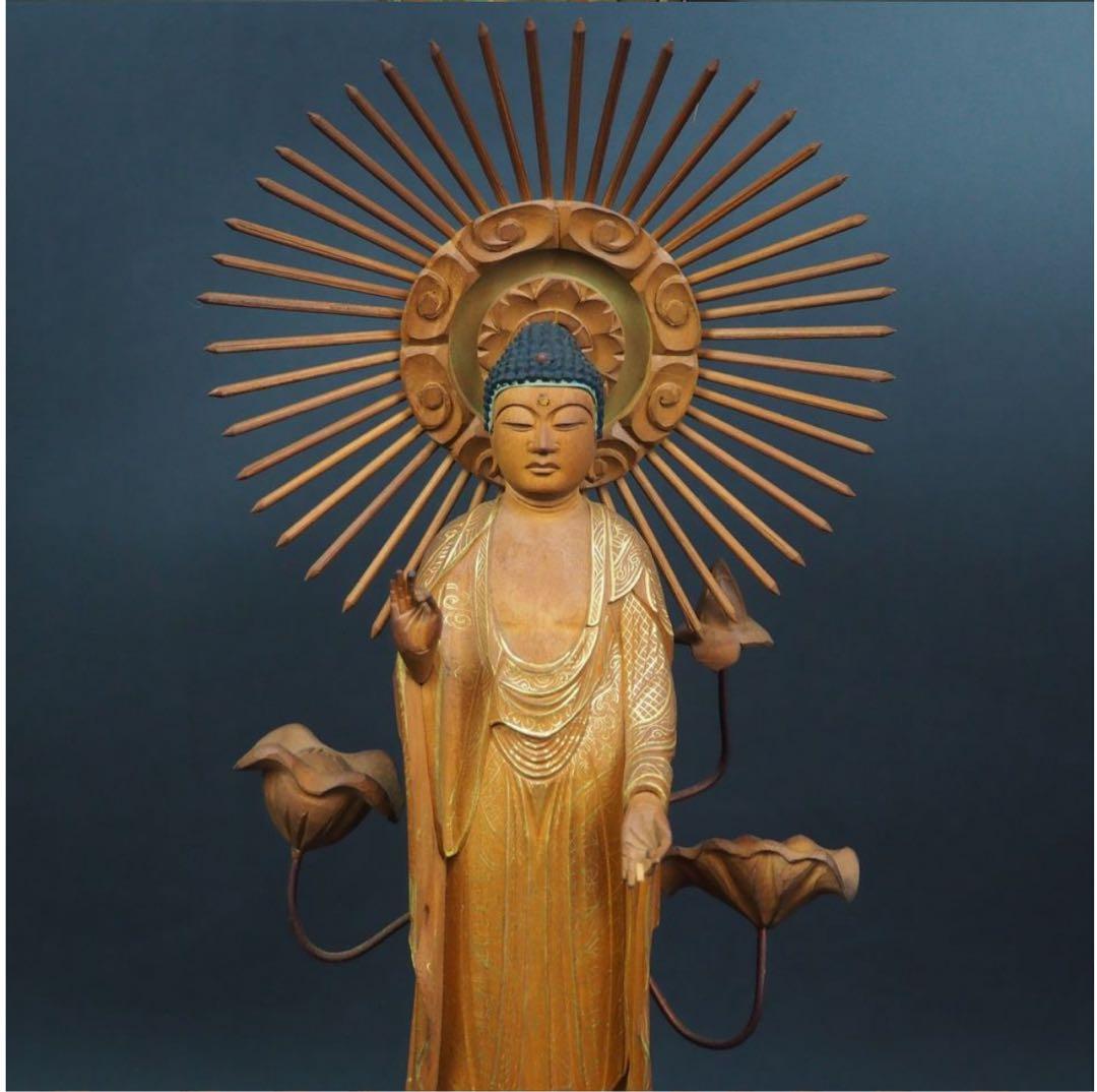 送料無料　時代物　柘植/黄楊　細密彫刻阿弥陀如来立像　高さ33.5ｃｍ