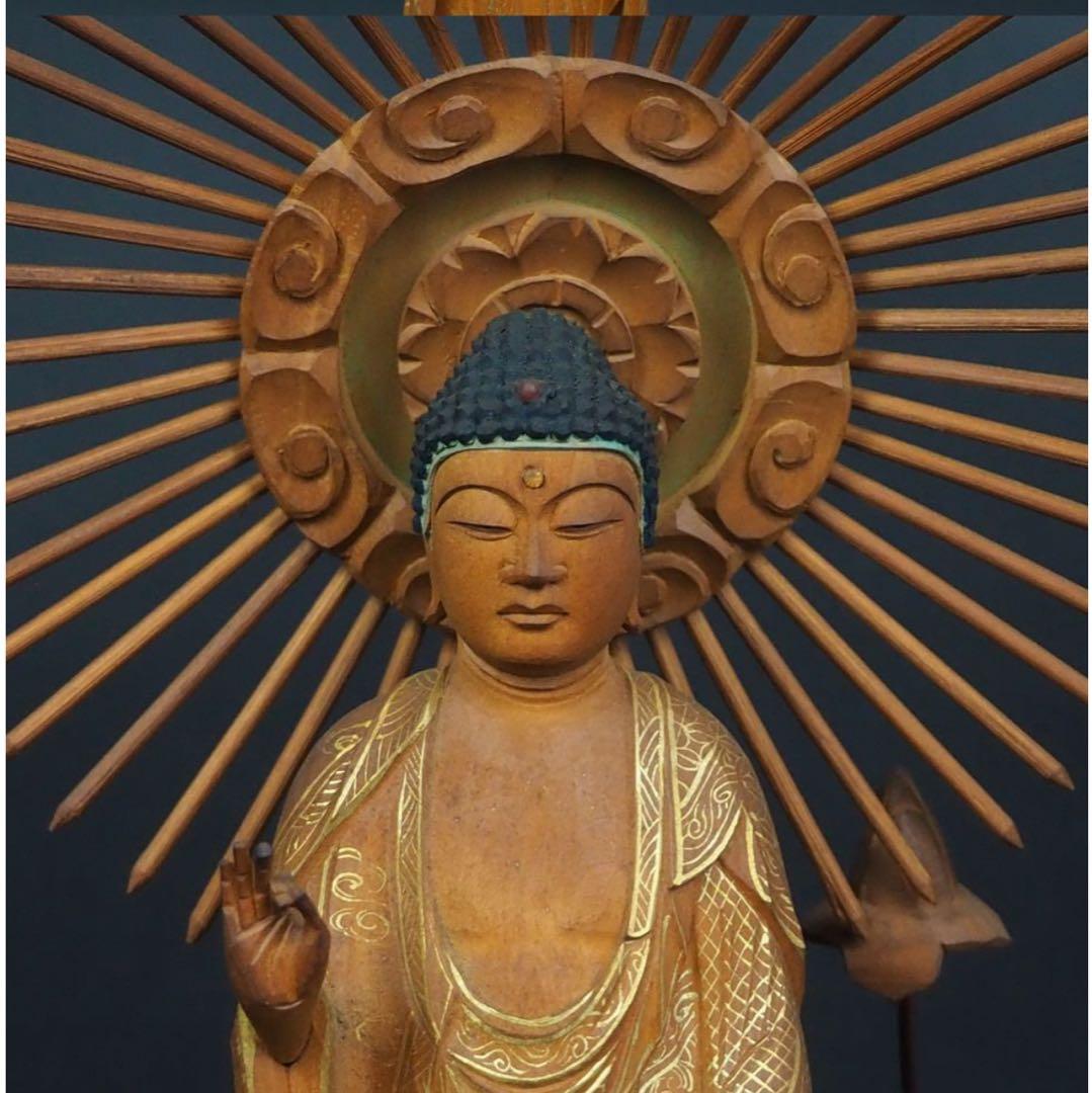 送料無料　時代物　柘植/黄楊　細密彫刻阿弥陀如来立像　高さ33.5ｃｍ