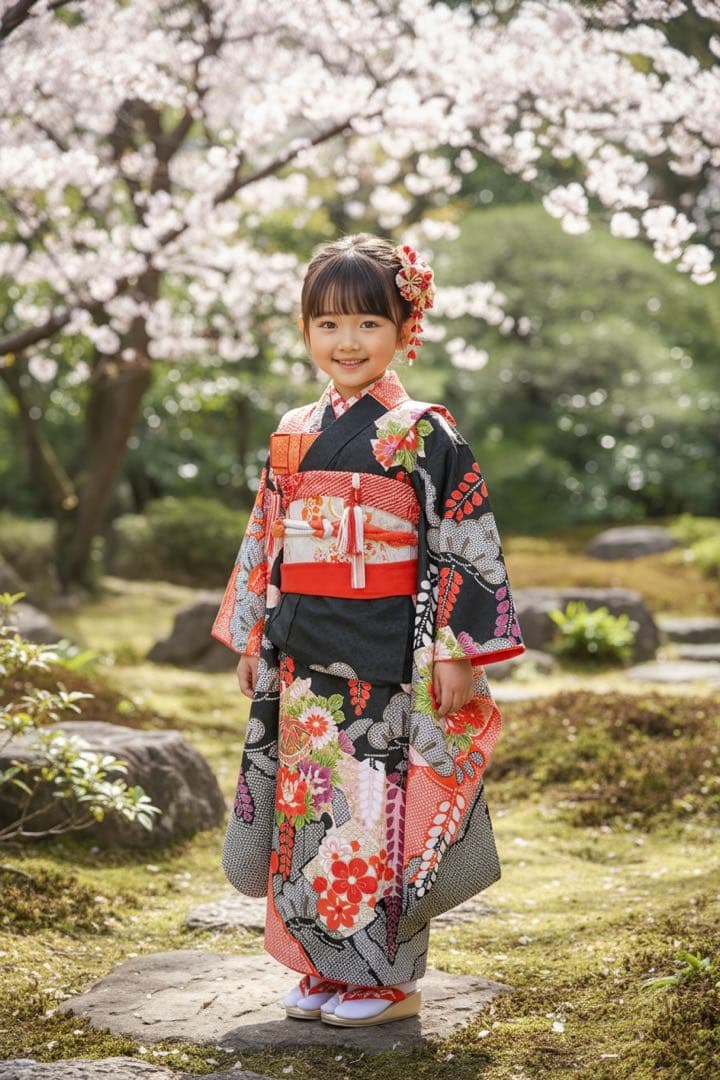 赤×黒鹿の子柄♡七五三　7歳　女の子　フルセット　一式