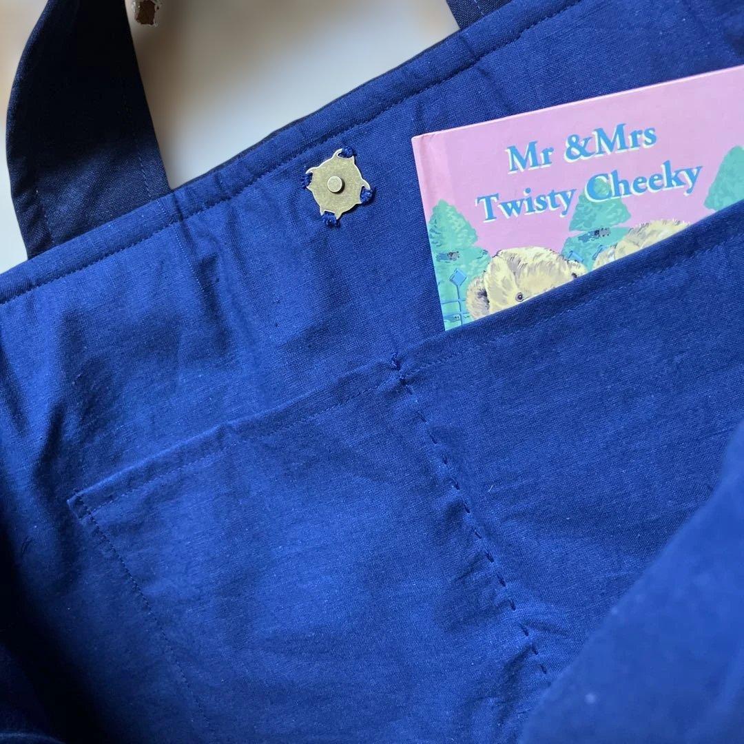 庄内刺し子古布縞木綿雪ん子型染め格子木綿藍染め山葡萄手提げバック大きめ男女兼用