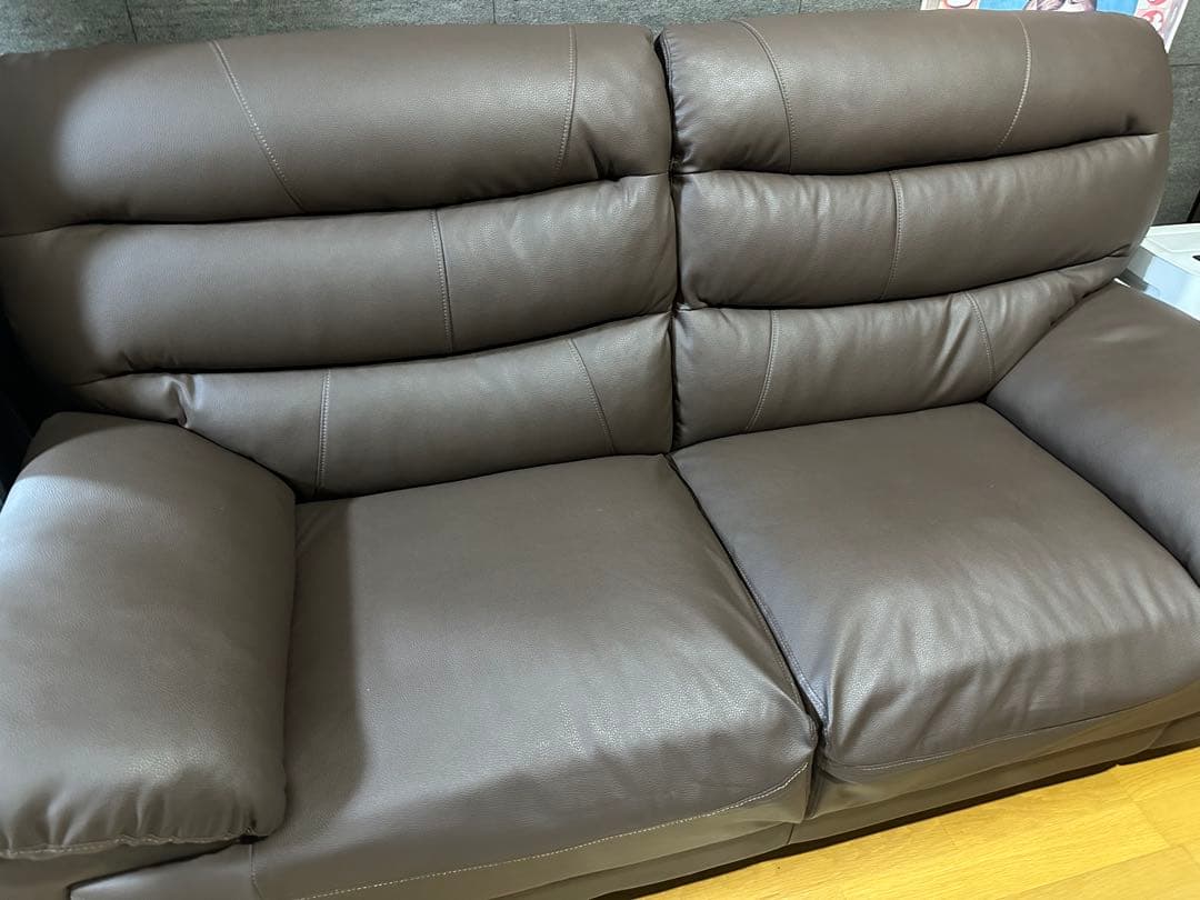 【美品】大川家具 牛革2-3人掛けソファ ブラウン