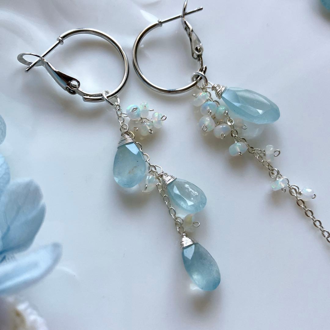シンデレラアクアマリン×オパール アシンメトリーピアス✧silver925