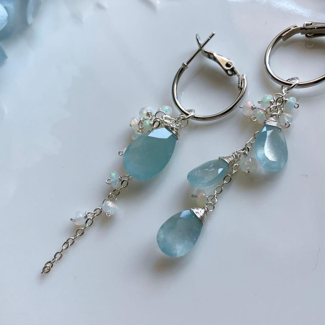 シンデレラアクアマリン×オパール アシンメトリーピアス✧silver925