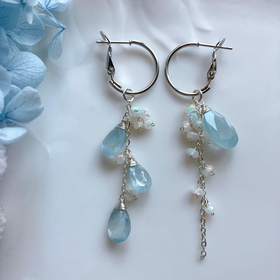 シンデレラアクアマリン×オパール アシンメトリーピアス✧silver925