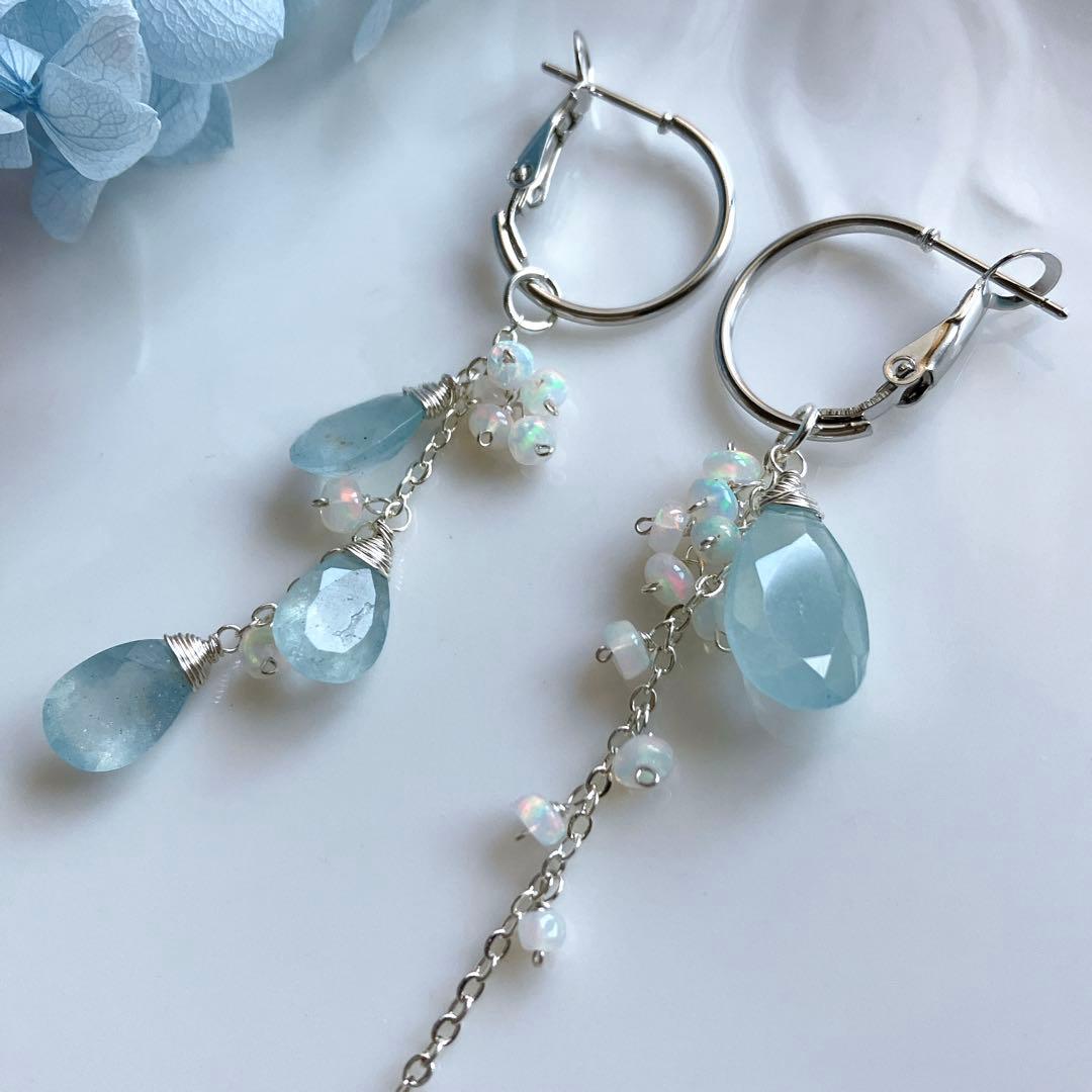 シンデレラアクアマリン×オパール アシンメトリーピアス✧silver925