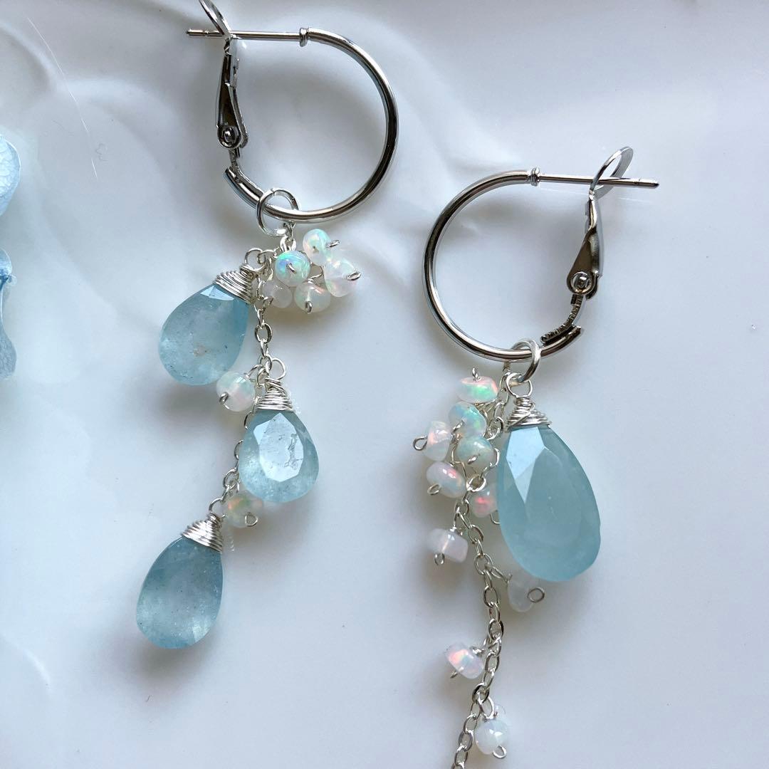 シンデレラアクアマリン×オパール アシンメトリーピアス✧silver925