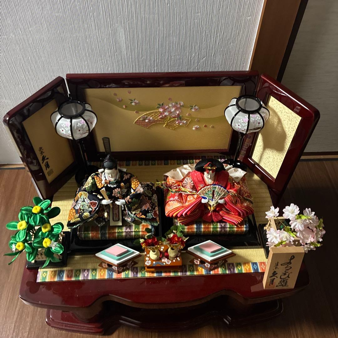 【美品】東京久月 雛人形セット 親王飾り 収納ケース付き 桜刺繍 木製