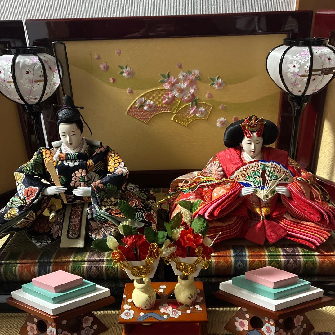 【美品】東京久月 雛人形セット 親王飾り 収納ケース付き 桜刺繍 木製