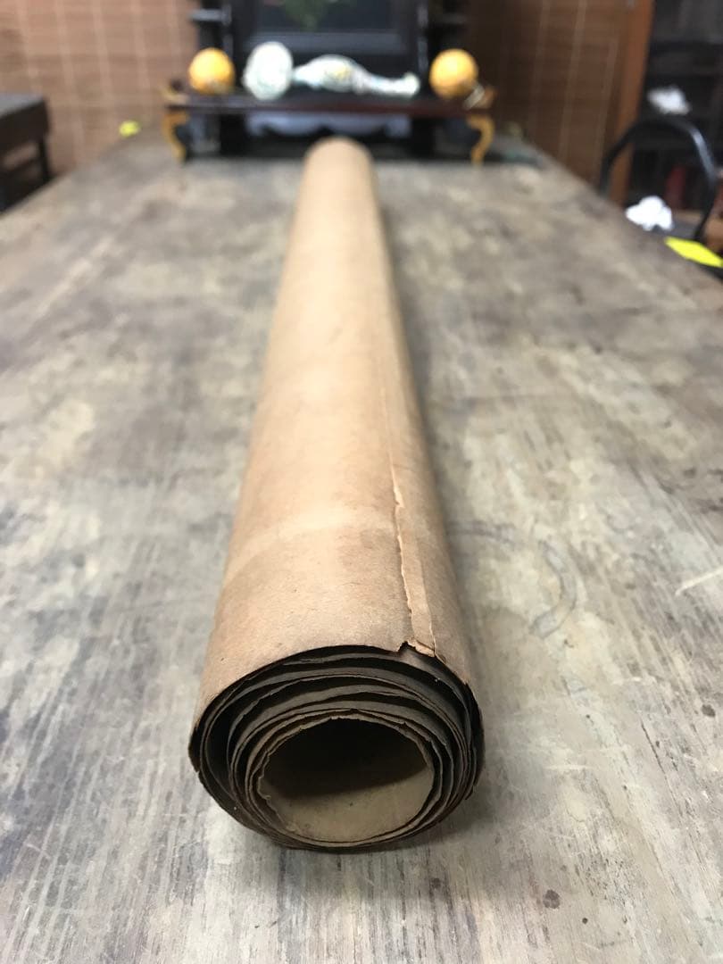 アンティーク　紙本　花鳥水彩画　マクリ　在銘　古画