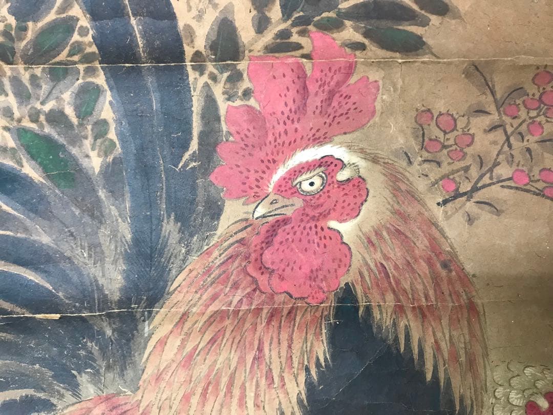 アンティーク　紙本　花鳥水彩画　マクリ　在銘　古画