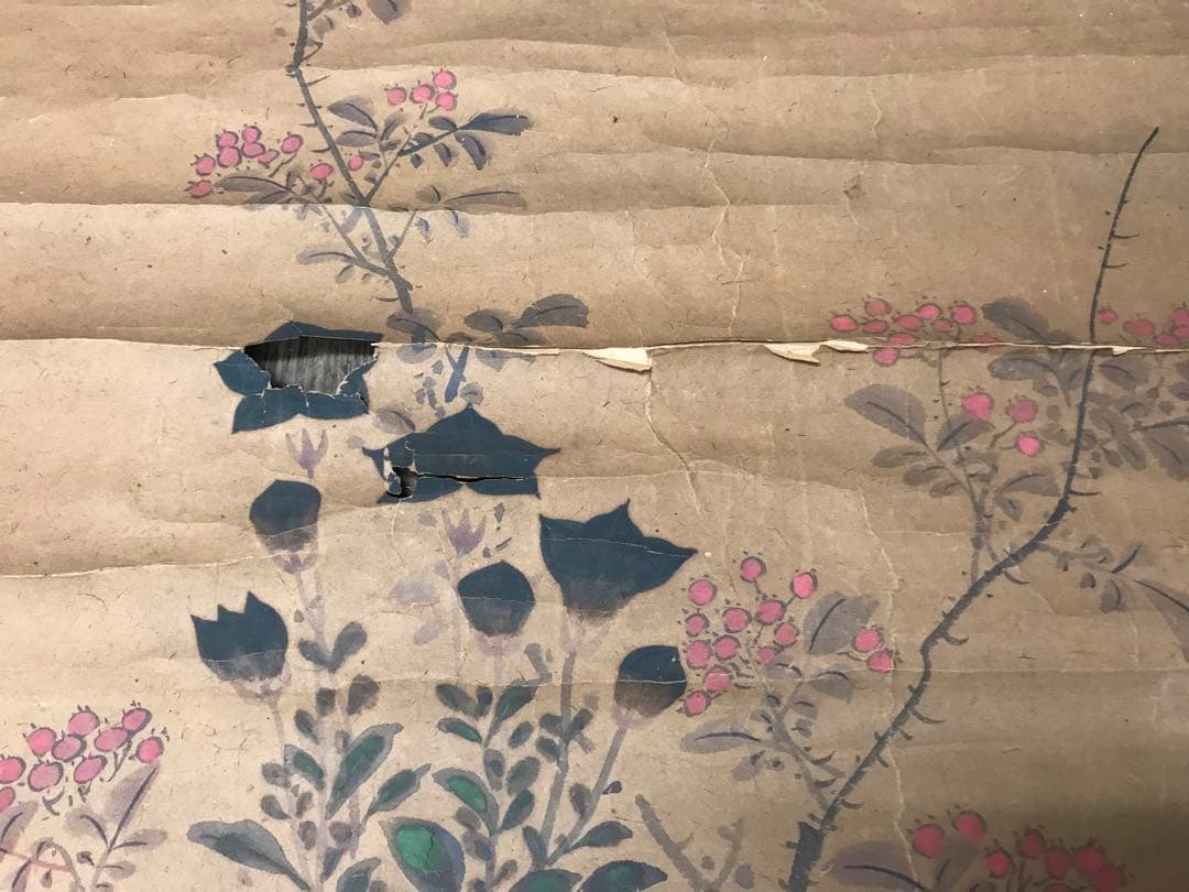 アンティーク　紙本　花鳥水彩画　マクリ　在銘　古画