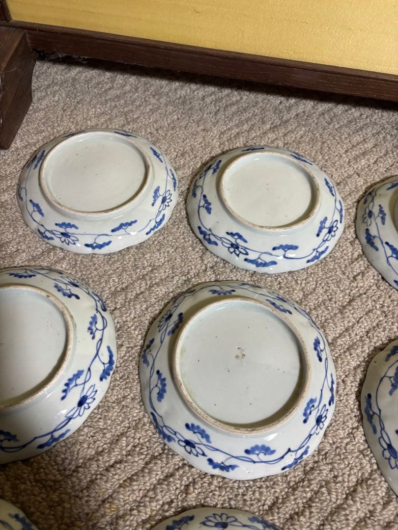 古伊万里染付芙蓉手膾皿 江戸時代 藍色 意匠 陶器 13枚 時代物 希少品