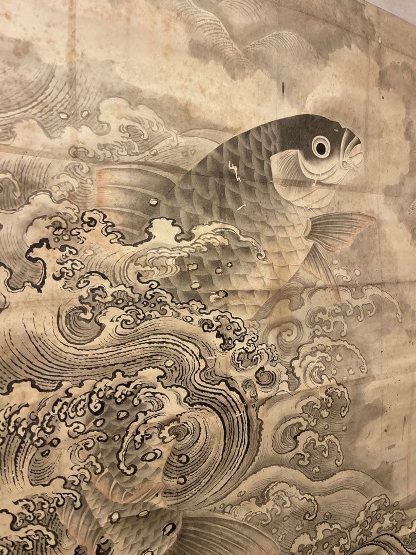 掛け軸 水墨画 鯉と波の絵 茶道具 BIGサイズ