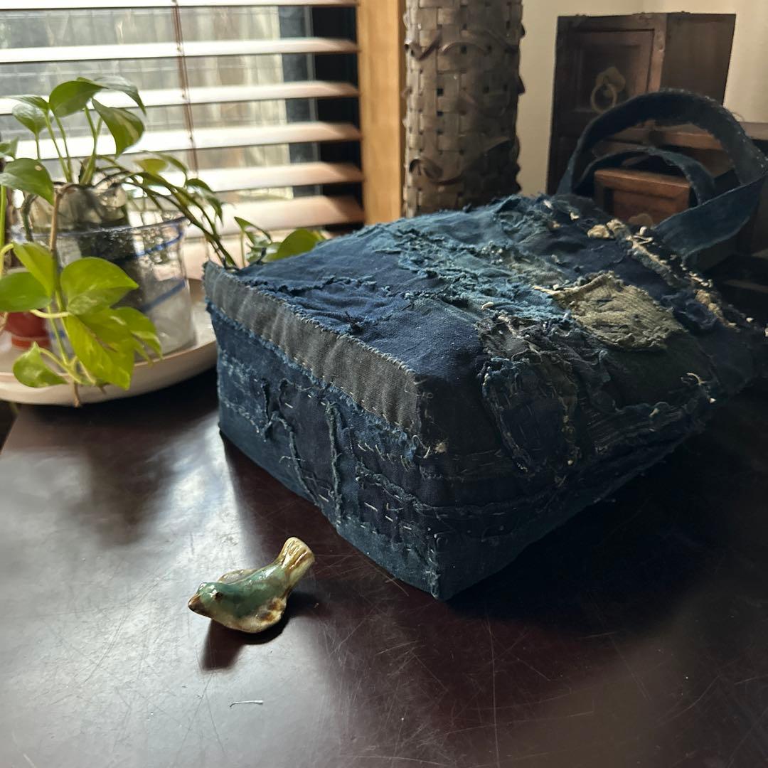 目隠し巾着カバー付き襤褸トート/藍染／襤褸