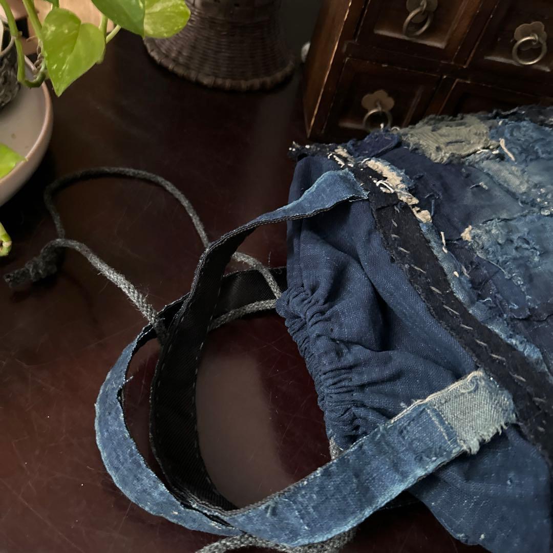 目隠し巾着カバー付き襤褸トート/藍染／襤褸