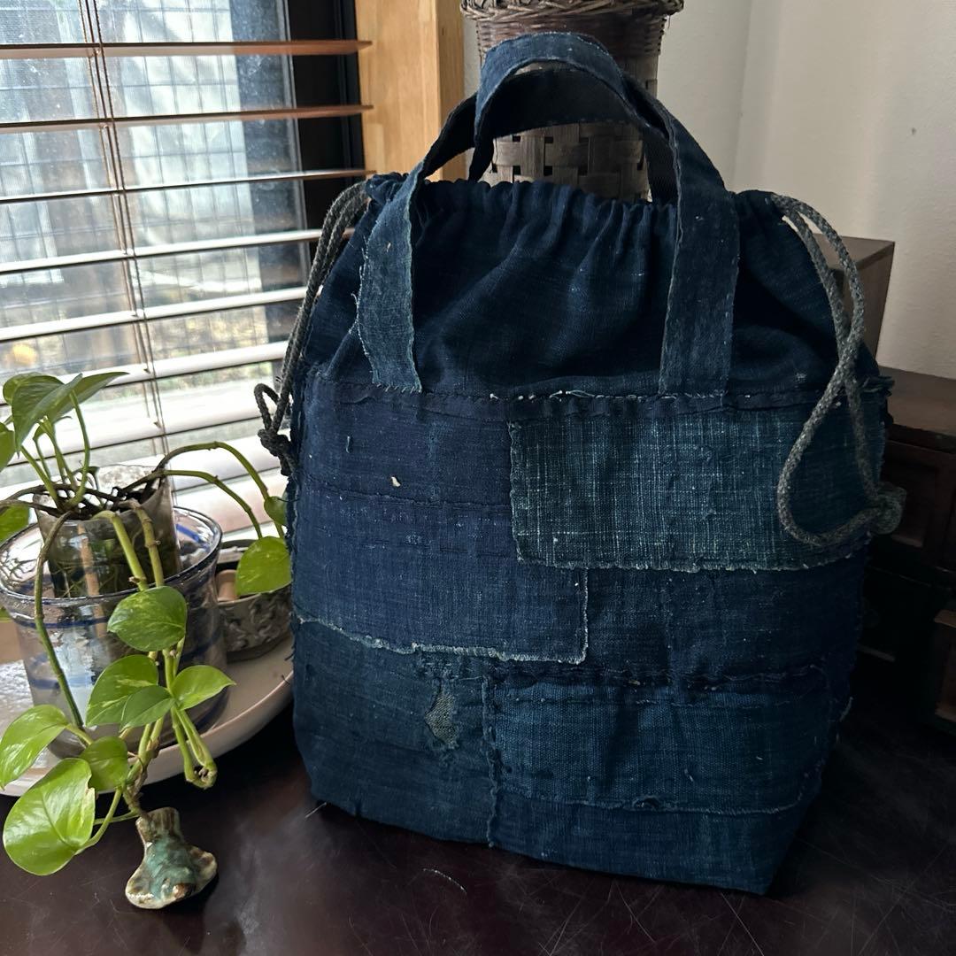 目隠し巾着カバー付き襤褸トート/藍染／襤褸