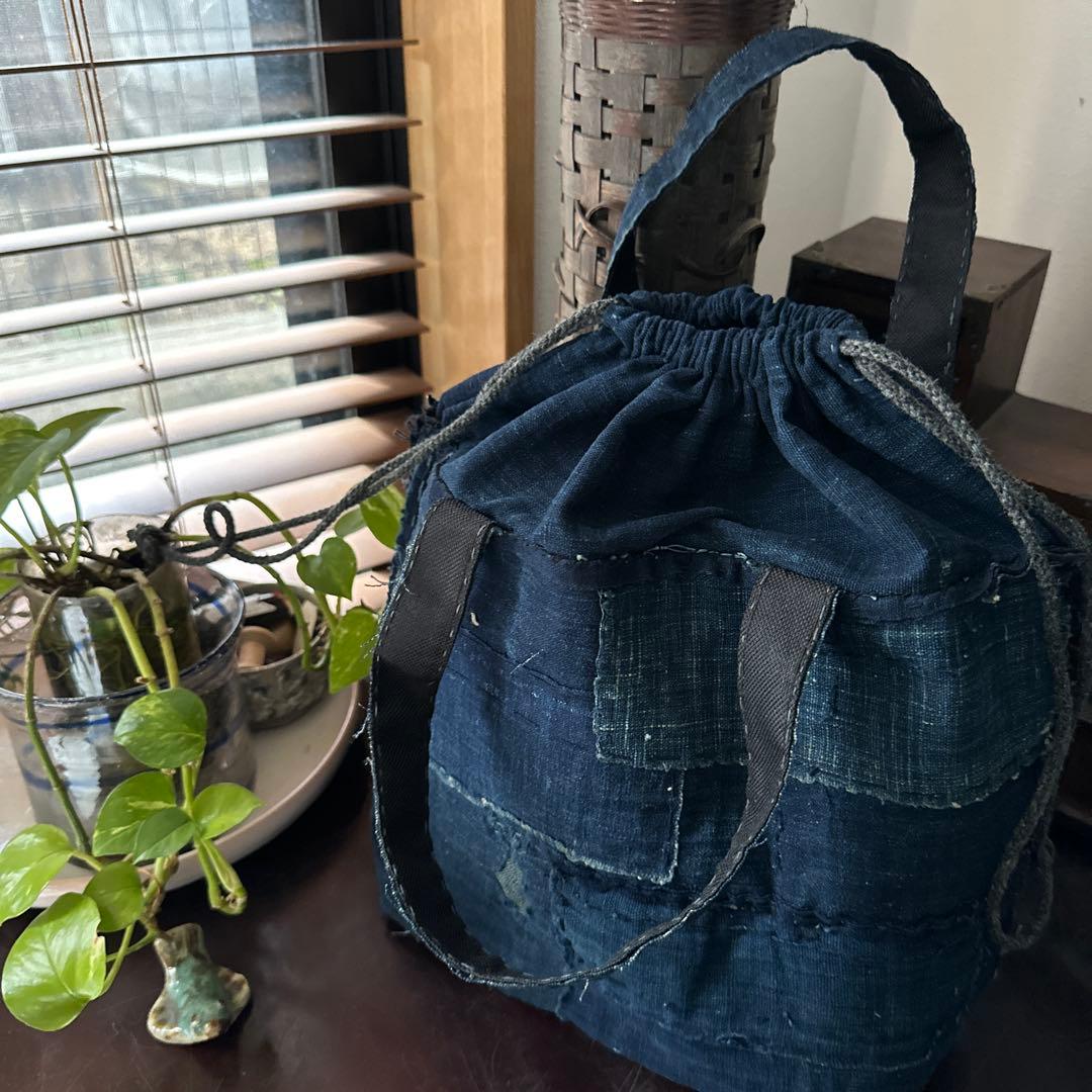 目隠し巾着カバー付き襤褸トート/藍染／襤褸