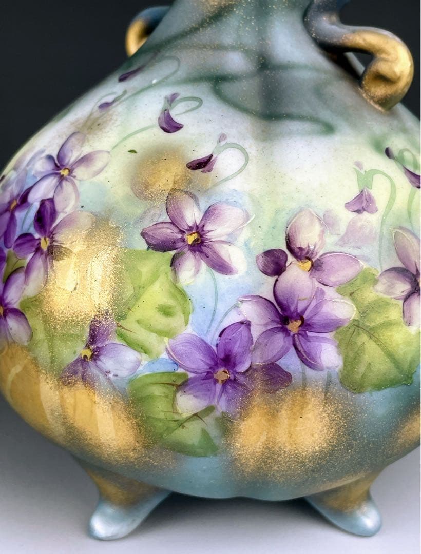 【希少】オールドノリタケ 焼き付け金彩 スミレ紋 花瓶 金釉の霧吹き 金彩ミスト