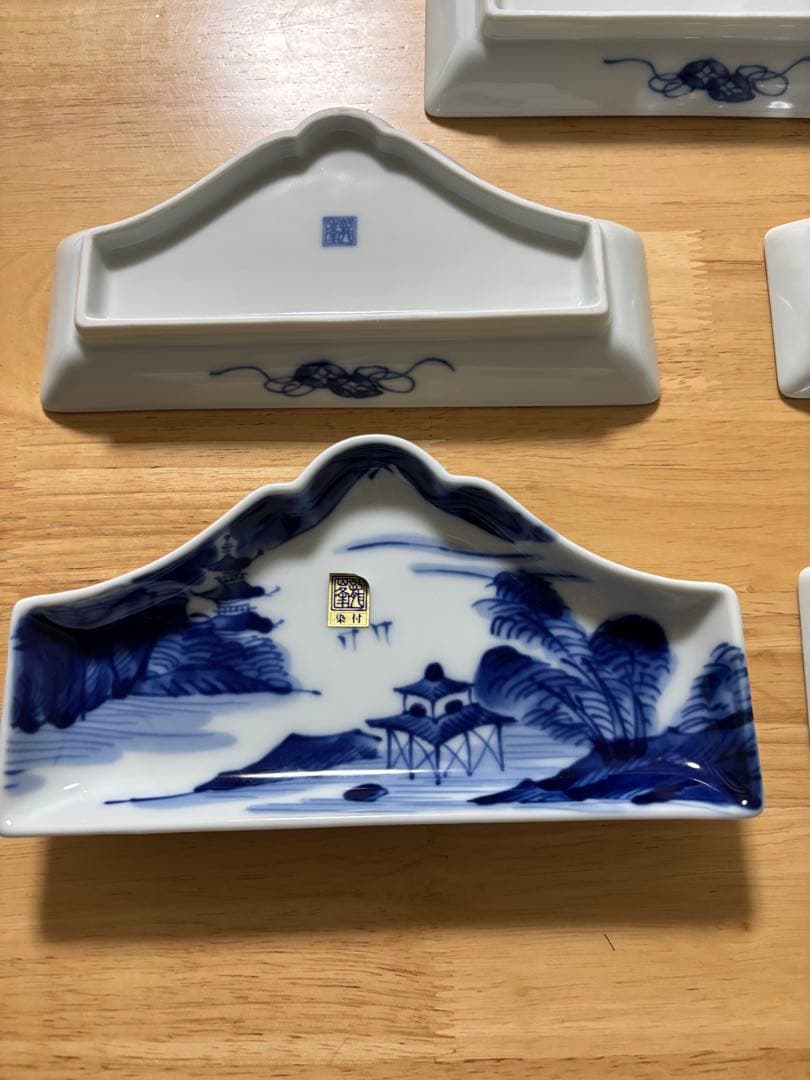 三洋陶器　龍峰窯　染付山水　富士形皿　富士山　三峰形　変形皿　龍峯