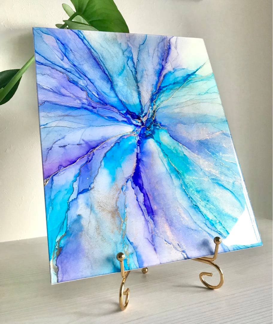 アルコールインクアート　アートパネル　インクアート　青　紫　一点物　放射状アート