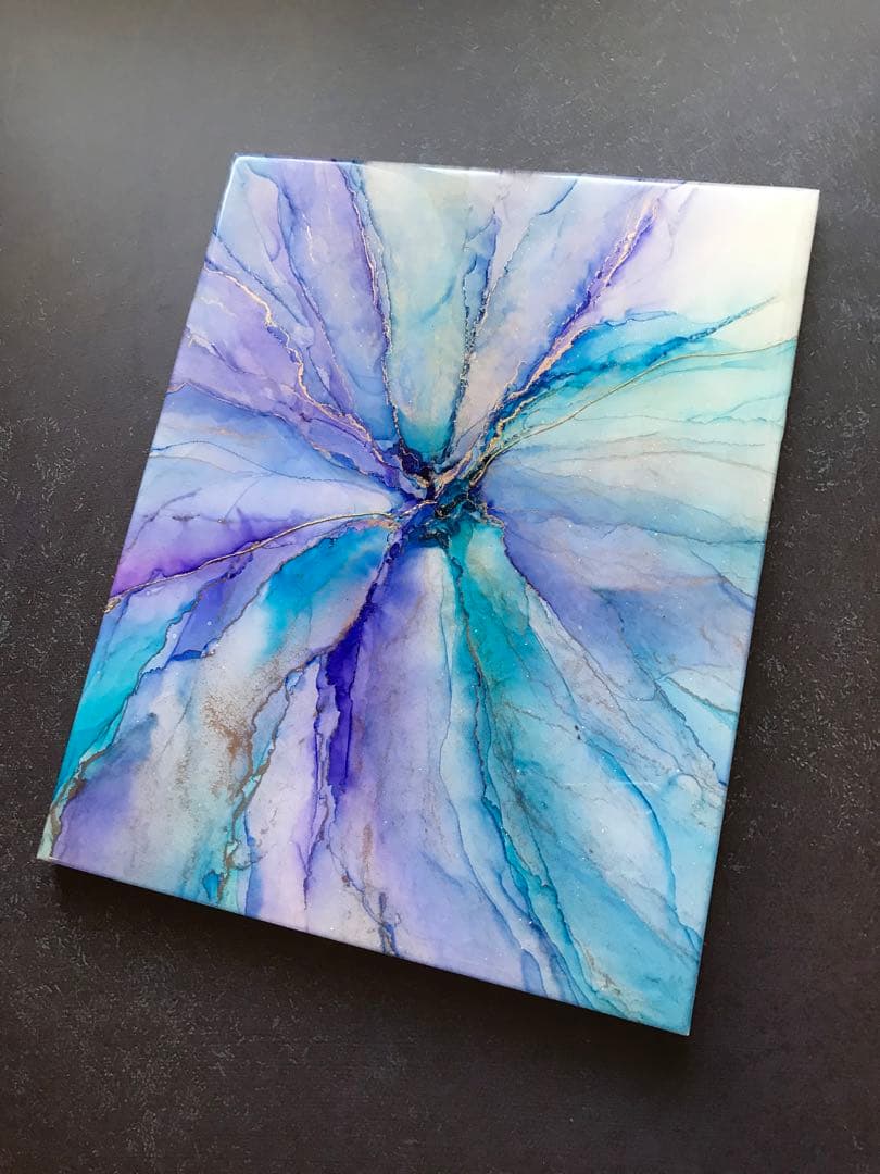 アルコールインクアート　アートパネル　インクアート　青　紫　一点物　放射状アート