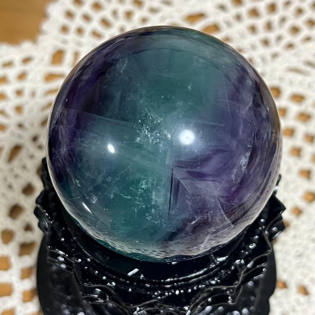 【セット販売】バイカラーフローライト　＋台座　直径59.5mm