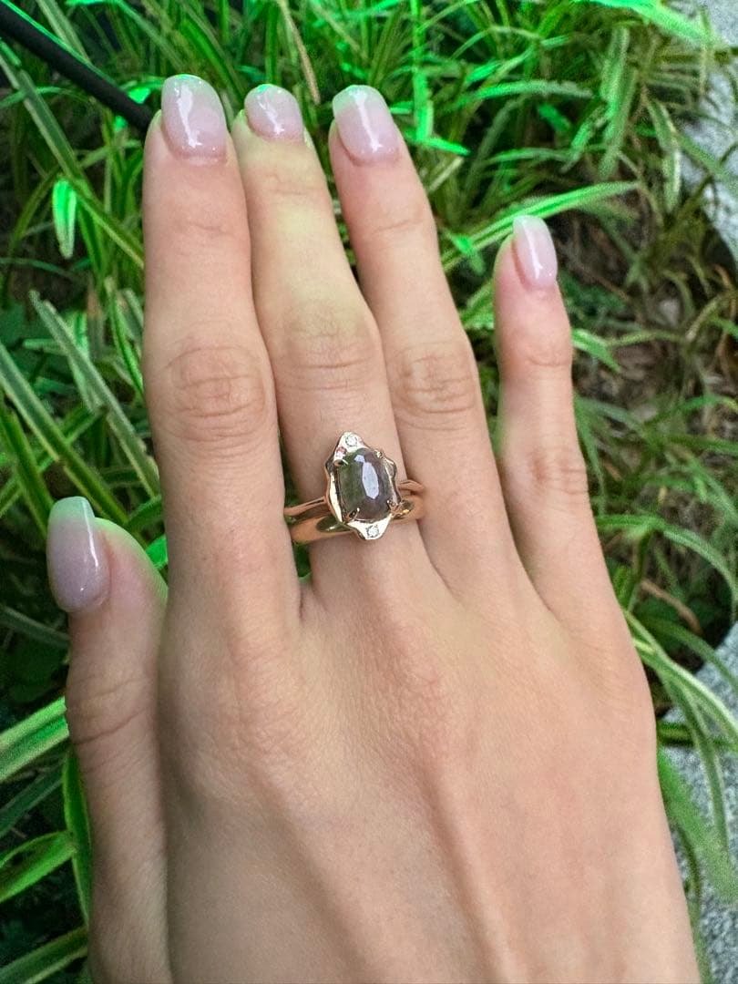 唯一無二の色合い｜天然トルマリンと枝モチーフのK10リング　16号