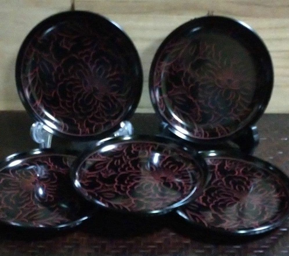☆新品☆越前塗 牡丹彫り 茶托 ・銘々皿揃い