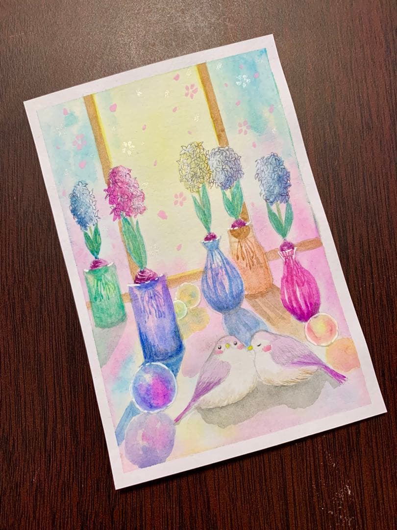 momorin水彩画 窓際のヒヤシンス　値段は※900円です