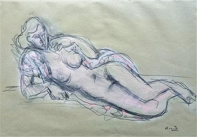 原精一　　鉛筆とパステルによる裸婦デッサン画
