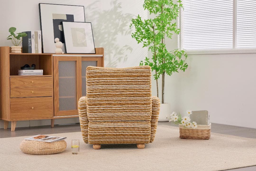 【イェロー】1人掛けソファ ラウンジチェア シェニール生地 無垢材使用