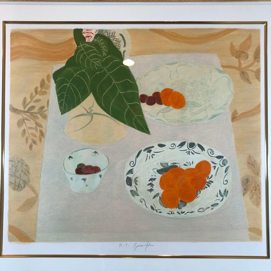 ボンコンパン　「テーブルの上の観葉植物」 リトグラフ　直筆サイン入り　額付　美品