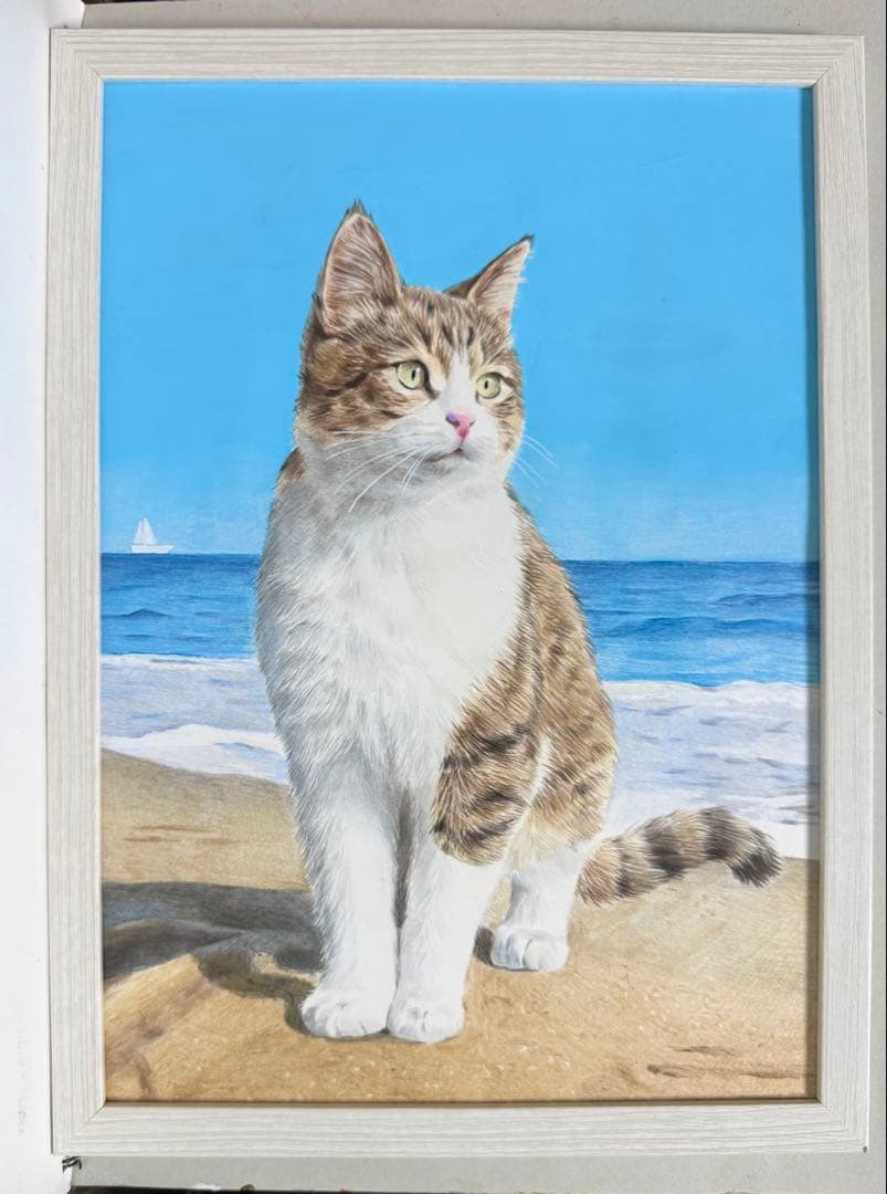 原画　色鉛筆画　海と猫　A4サイズ 額縁付き　手描き　イラスト