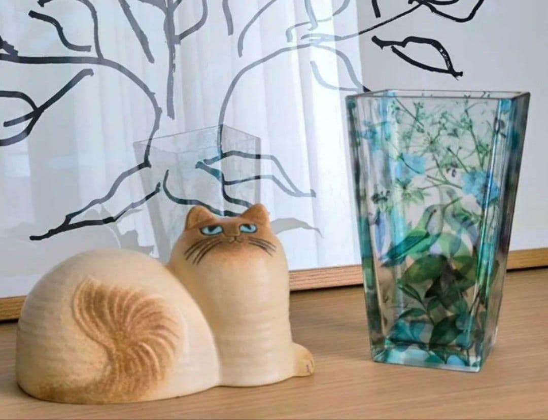 花と鳥のデザイン透明ガラス花瓶 ボタニカル 鳥 草花 蝶々 蜂鳥 ナチュラル