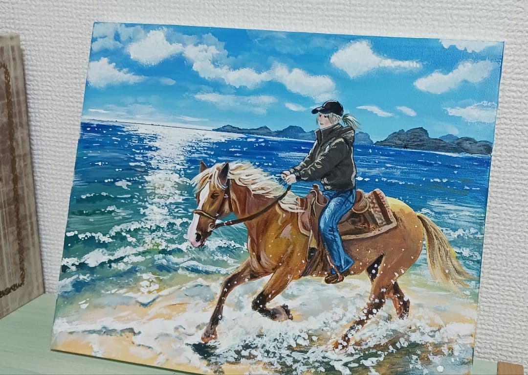 海岸　乗馬　インテリアアート　アクリル画　水性ペイント画