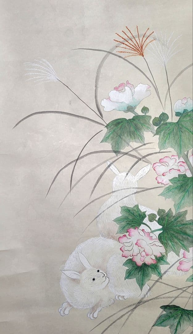 秋草に兎　うさぎ　寿拓銘　掛け軸　合わせ箱　書画、骨董品、美術品