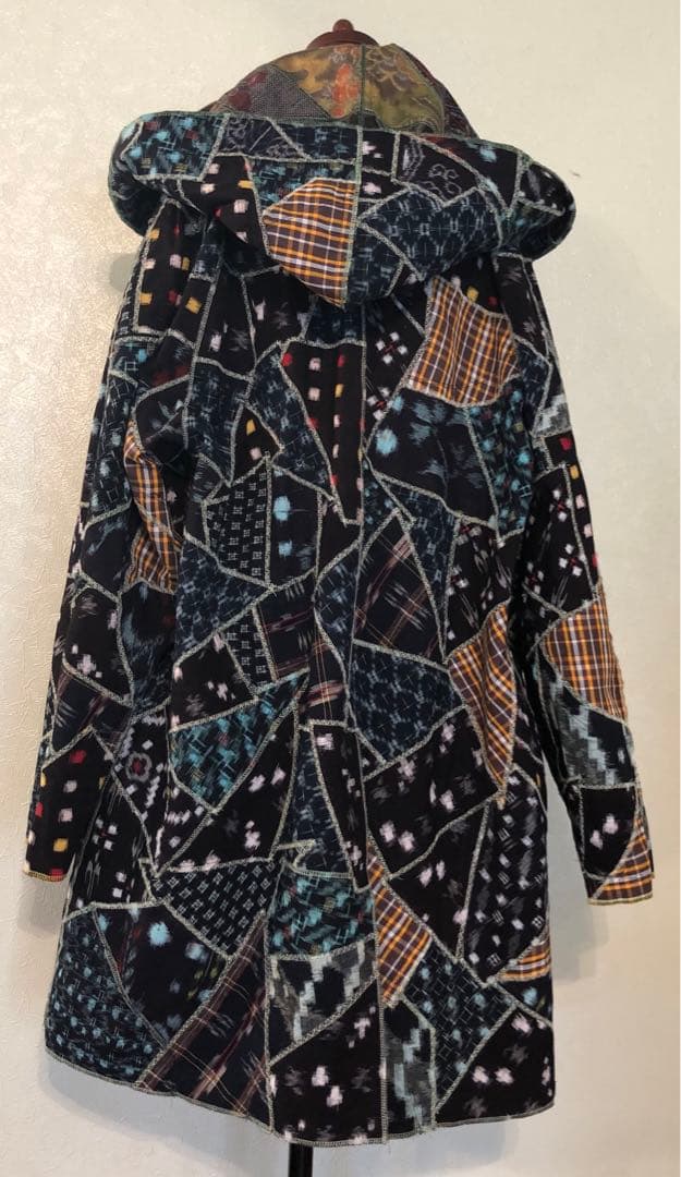 ハンドメイド　着物リメイク　大島紬&綿つぎはぎリバーシブルラグランコート