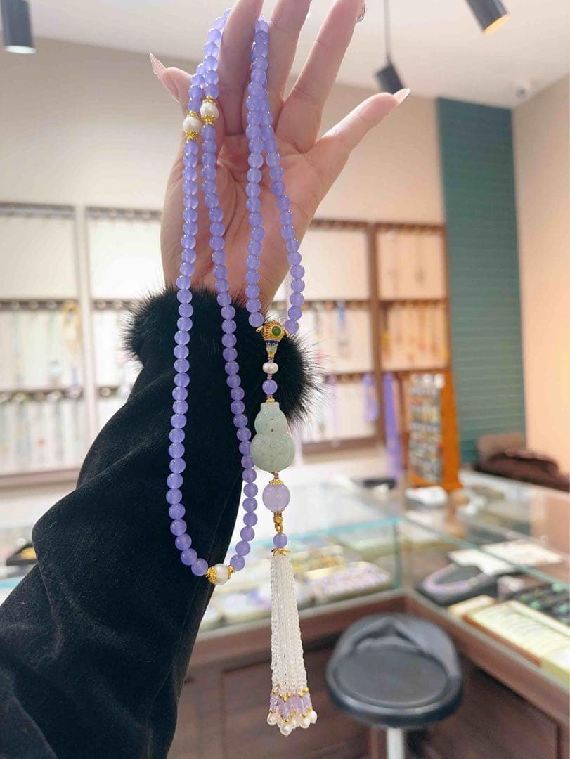 【4石のパワー】玉髓・天然ミャンマー翡翠・水晶・真珠 ネックレス　お守り