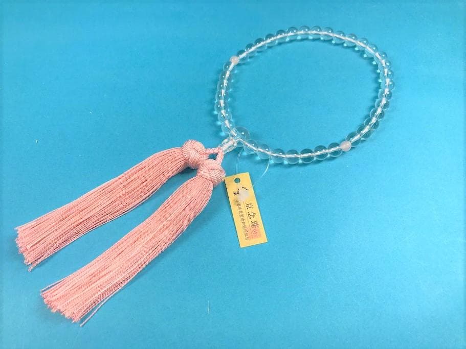数珠　京念珠　Ａ級　本水晶　丸玉　共仕立　二天紅水晶　紙箱入　かがり房　正絹