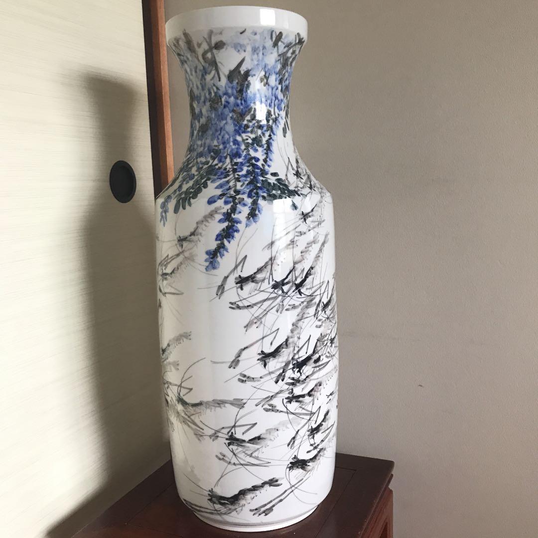 中国美術　特大花瓶　民国　骨董品　海老の絵　高さ66cm