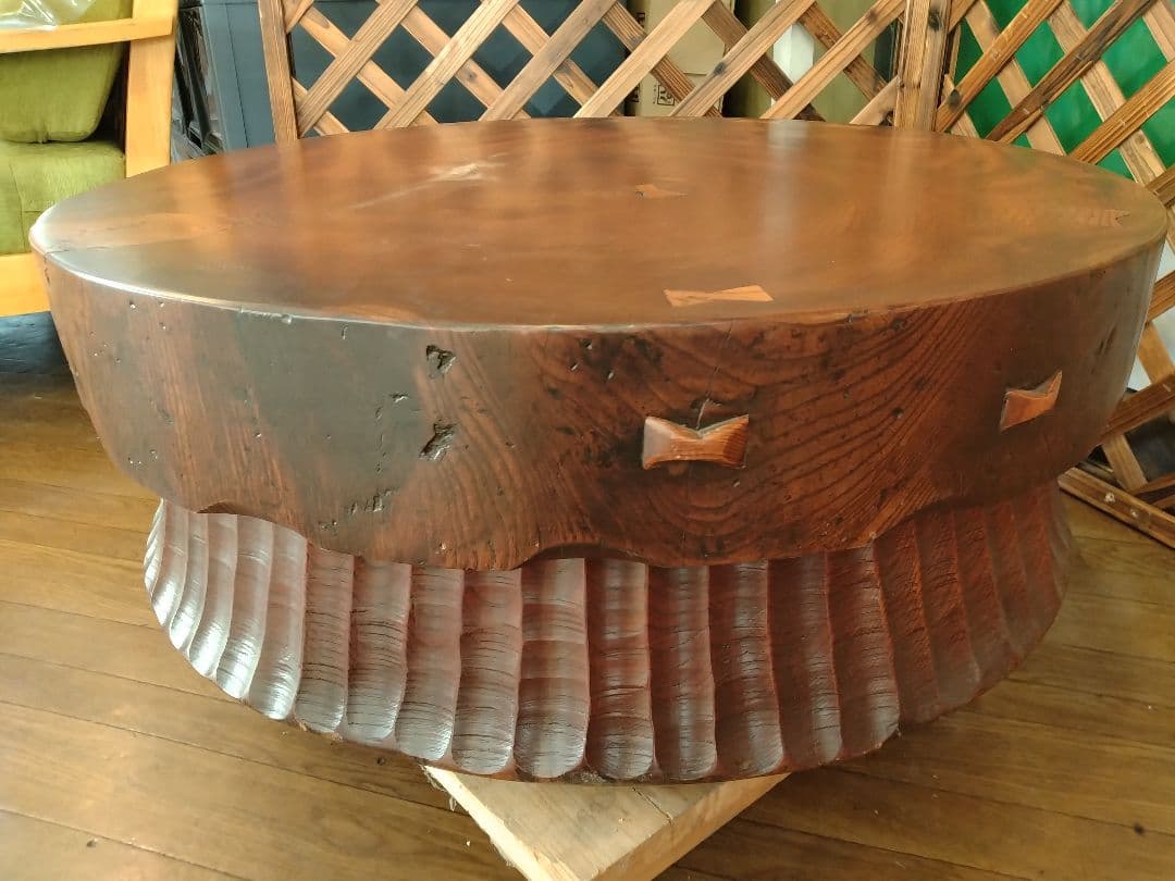 銘木座卓　無垢材　天然木輪切　ローテーブル　漆塗　和家具　送料込価格