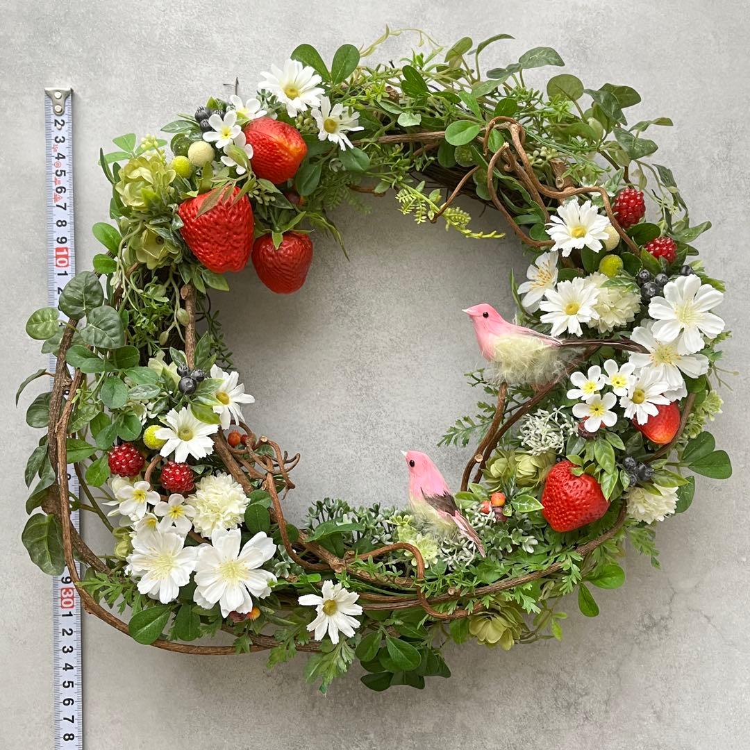 苺見つめる小鳥のリース/大サイズ/いちご/ナチュラル/No.26_30