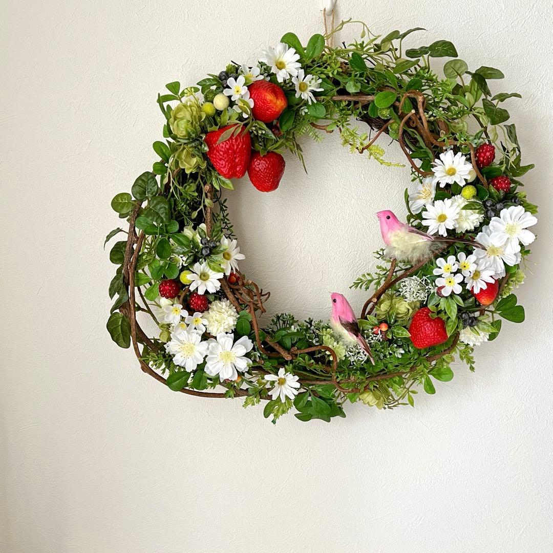 苺見つめる小鳥のリース/大サイズ/いちご/ナチュラル/No.26_30